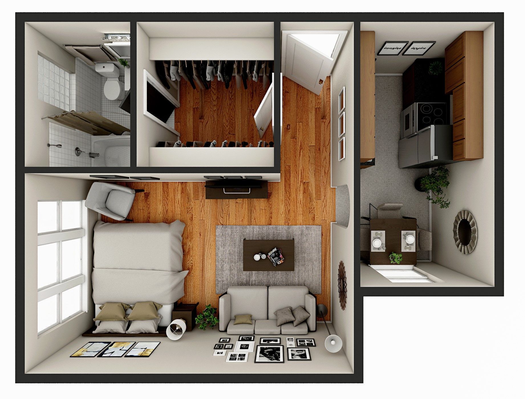 Overhead view of an apartment floor plan. Shows bedroom, closet, bathroom, and small kitchen/living space with wood flooring.