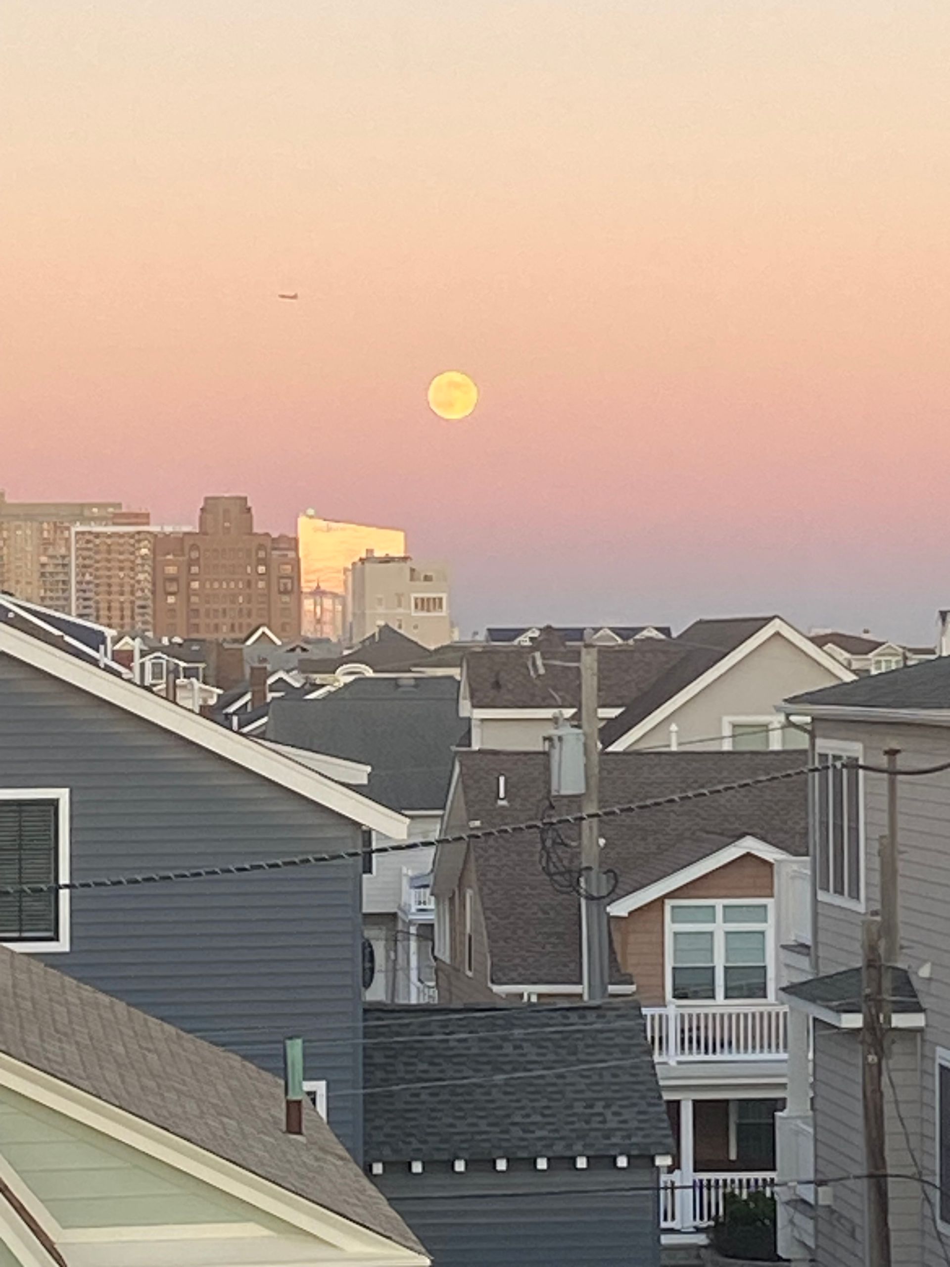 A full moon is rising over a row of houses