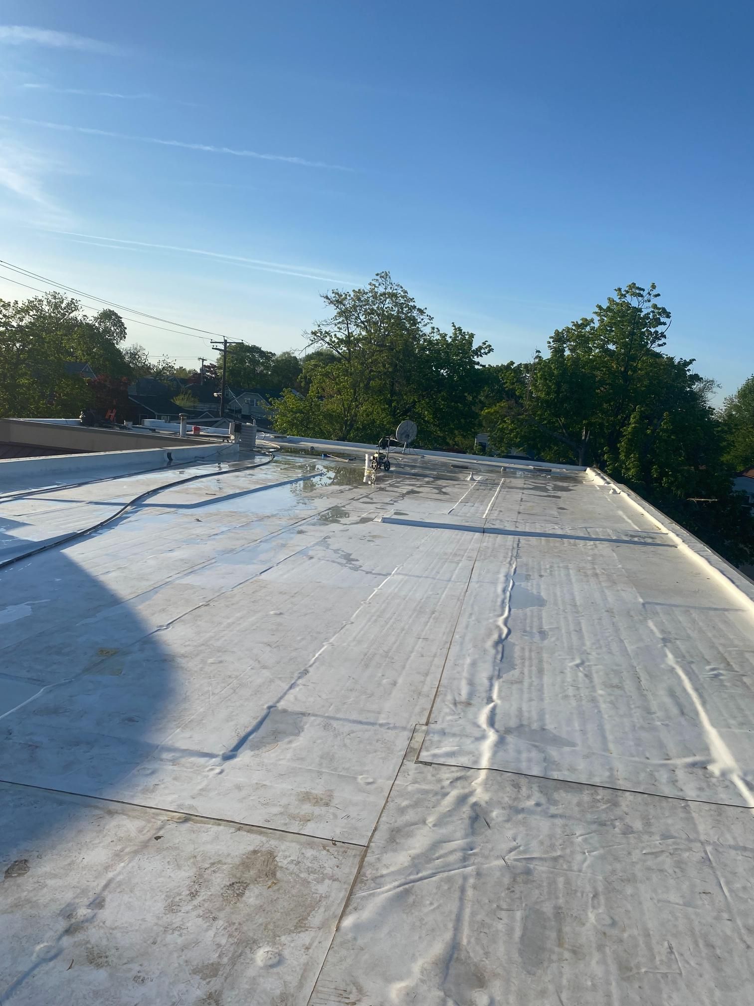 A white roof with trees in the background and a blue sky in the background.