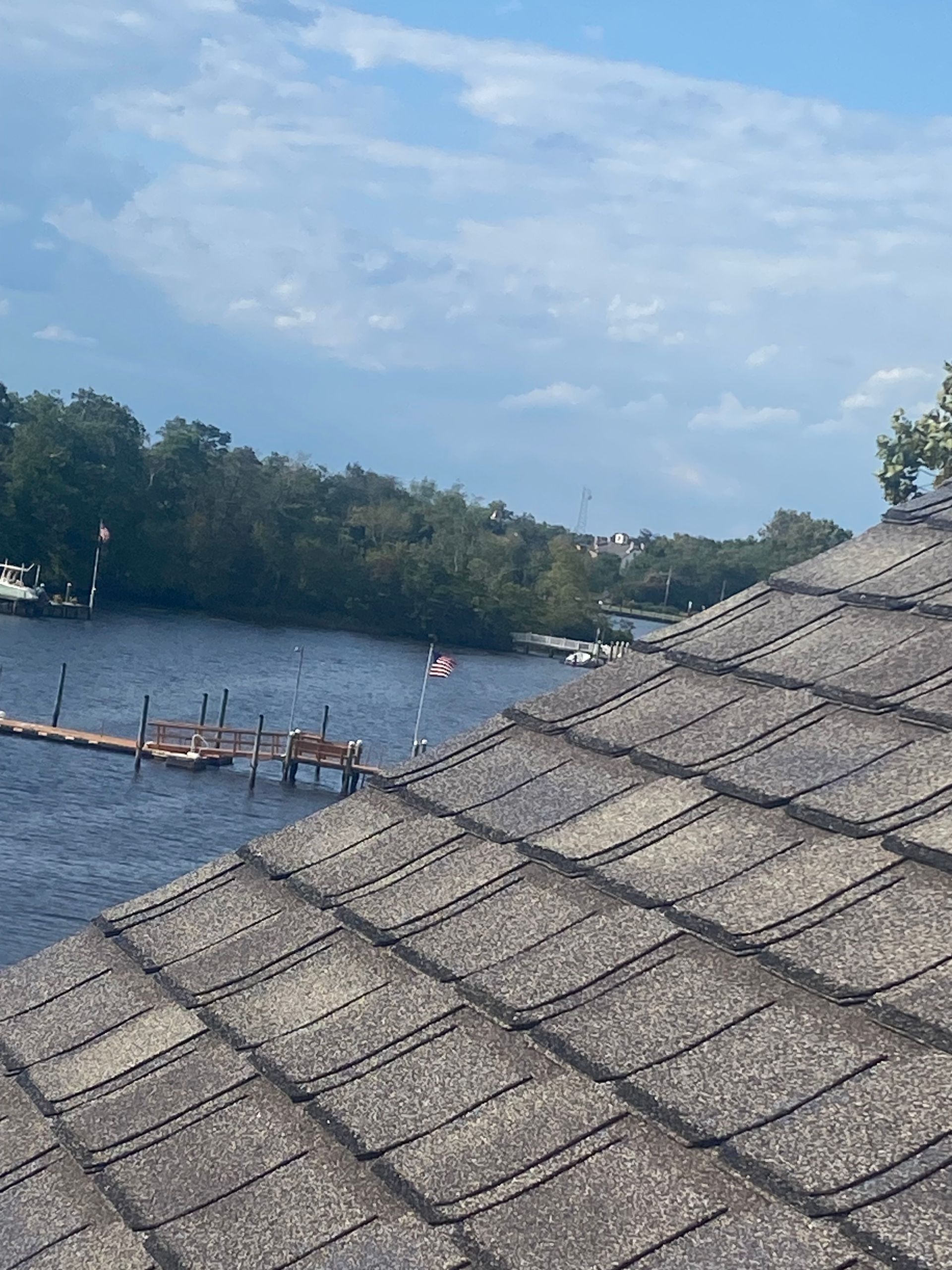 View of a river from a rooftop with a wooden dock, surrounded by trees under a cloudy sky.