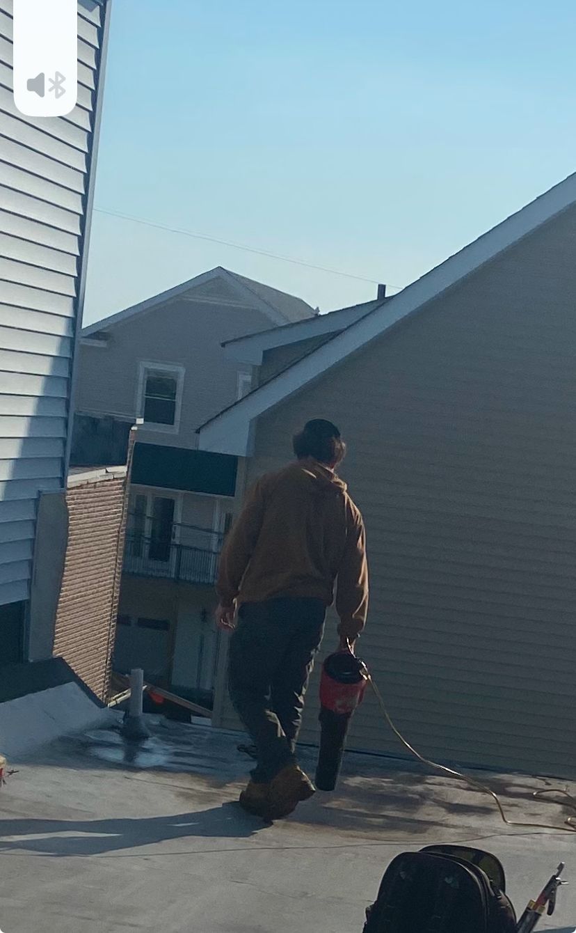 Person walking a dog down a snowy residential driveway between houses