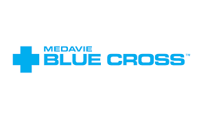 Blue cross logo for Medavie. Blue cross symbol to the left with the brand name in blue text.
