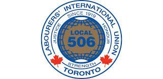 Logo for Labourers' International Union Local 506, Toronto, with a blue and brown globe, red maple leafs.