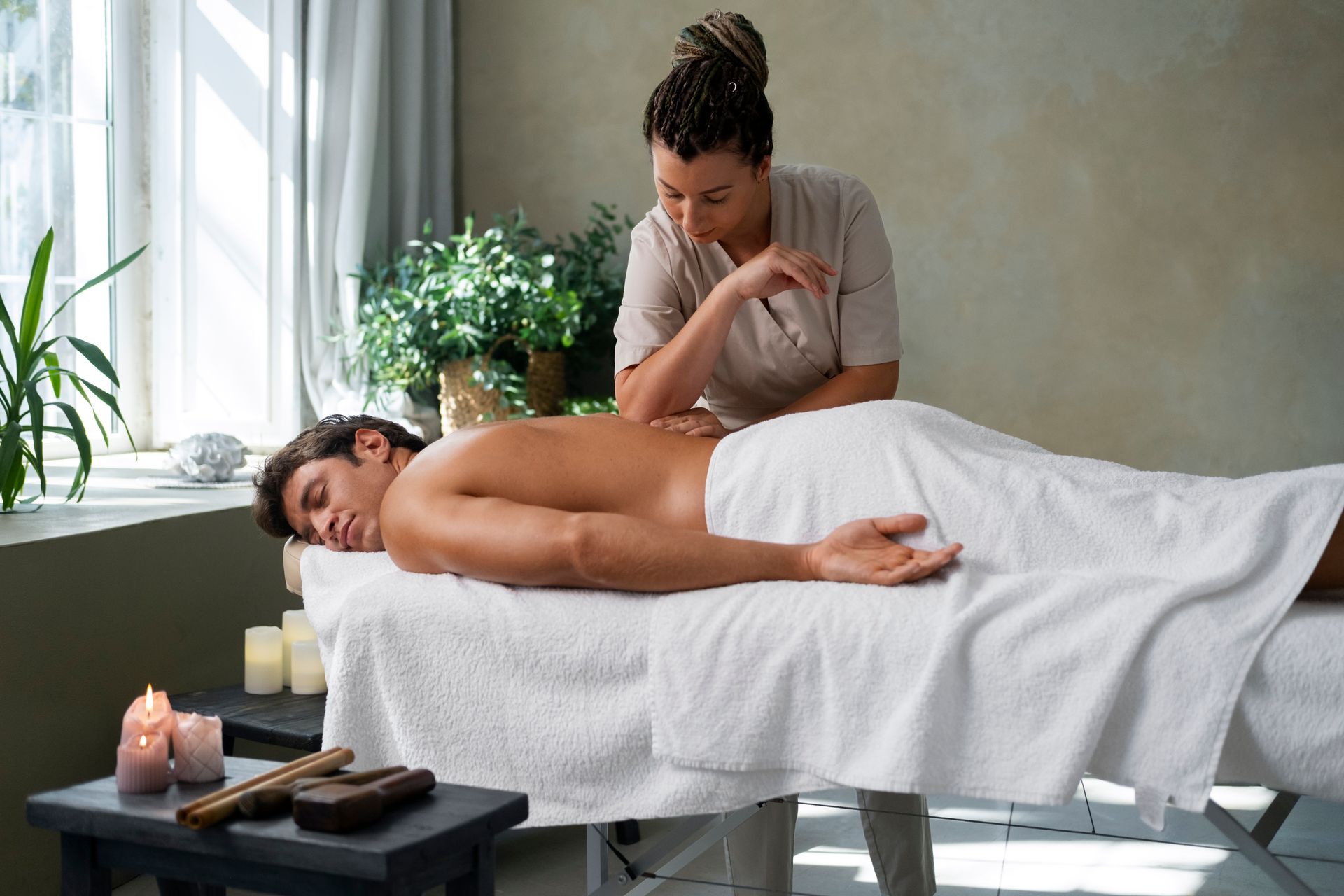 a woman massaging a man lying on the table.