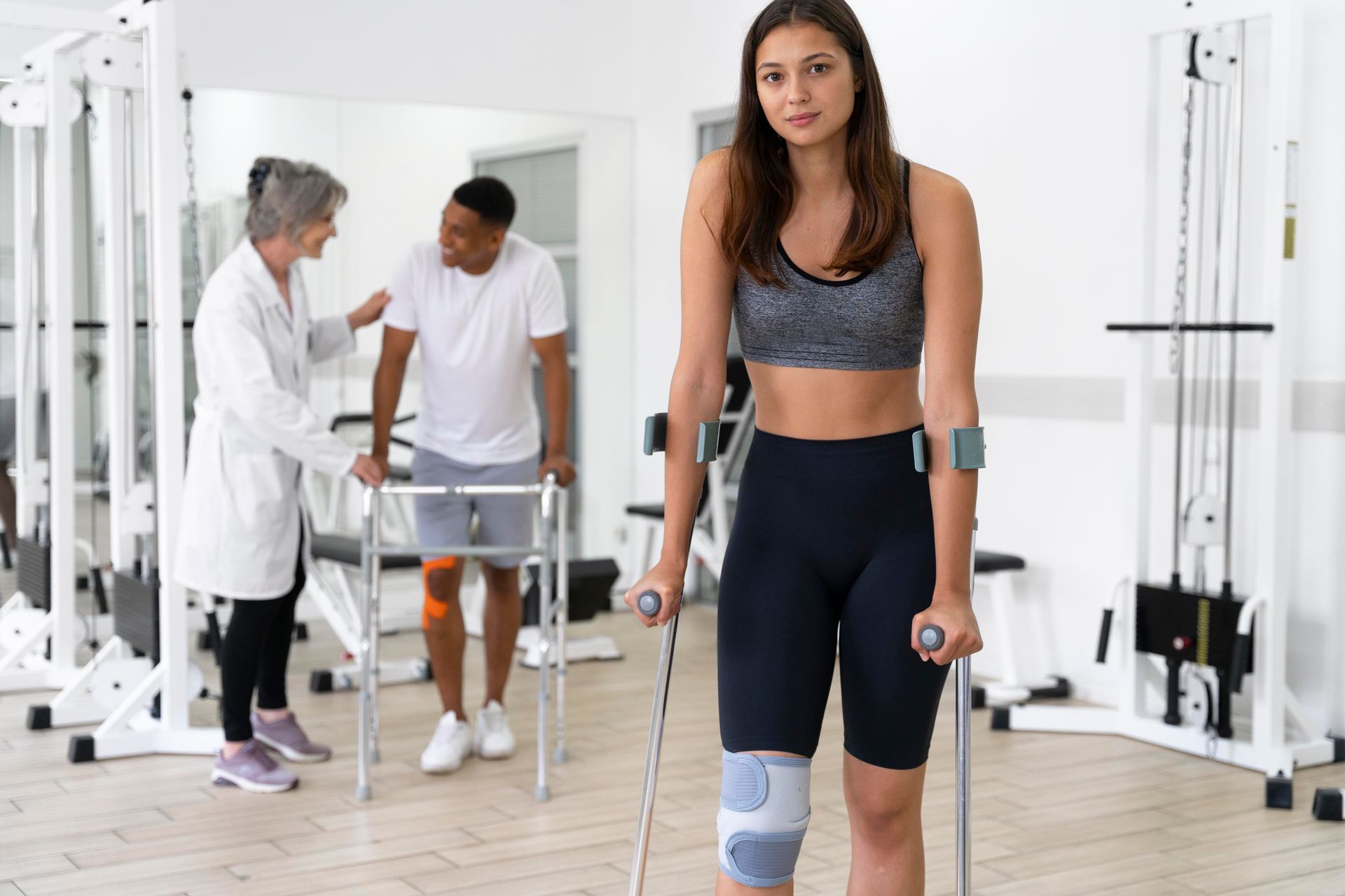 A woman with crutches is walking in a gym.