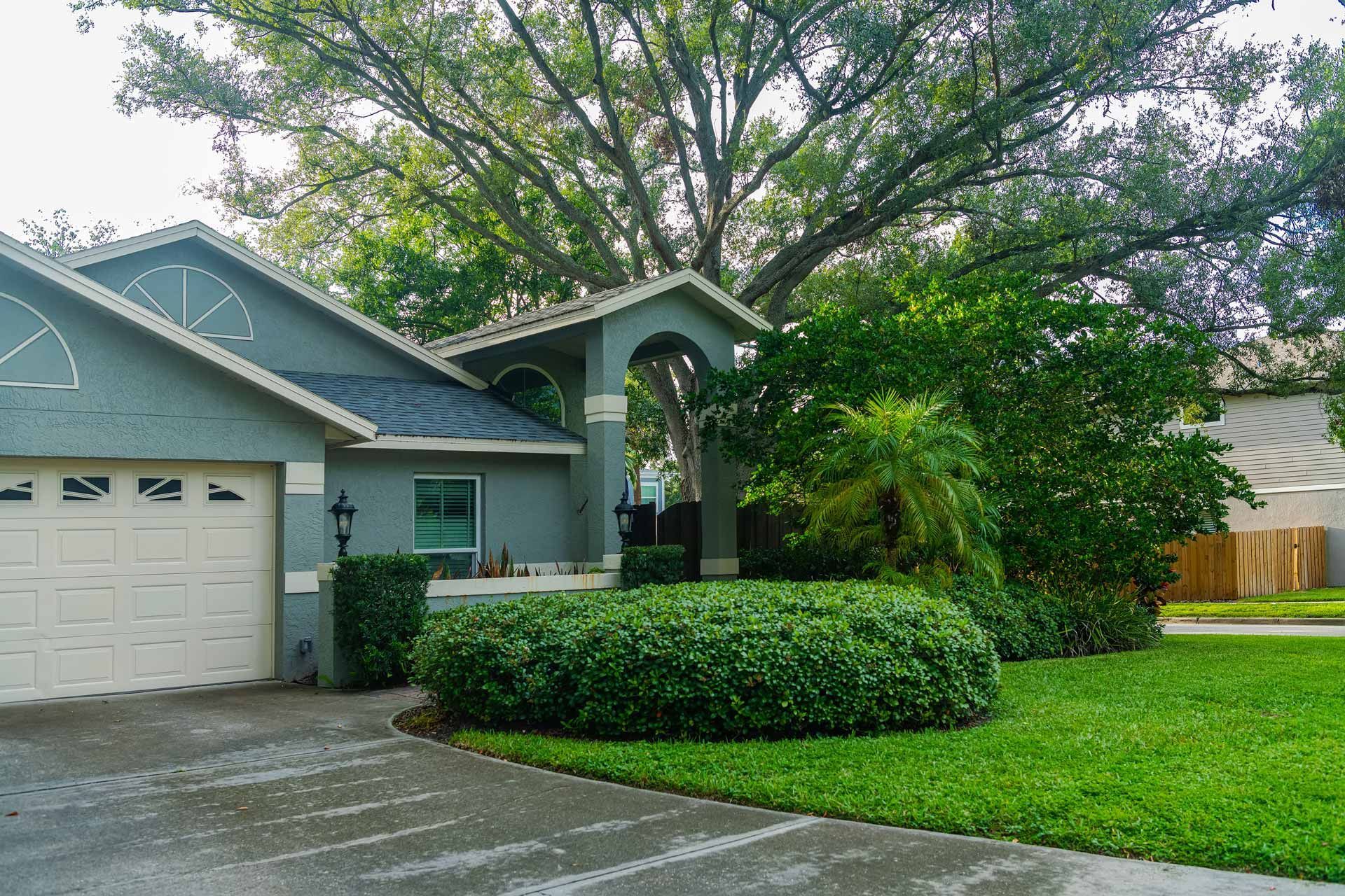 Suburban house with garage, front lawn, and large tree overhanging the driveway