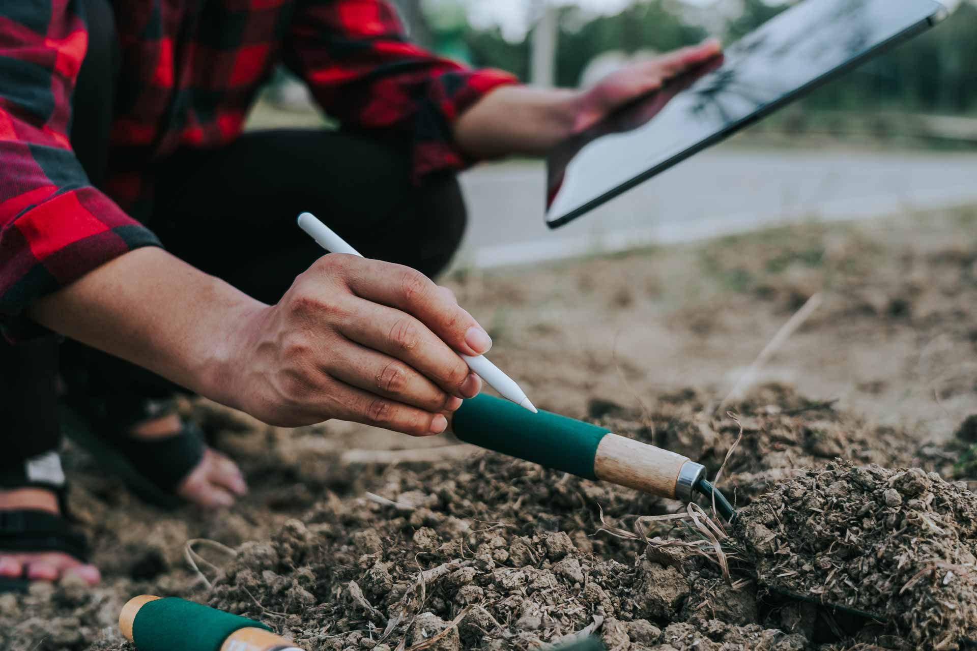 Hands planting a seedling in soil with a trowel outdoors near water