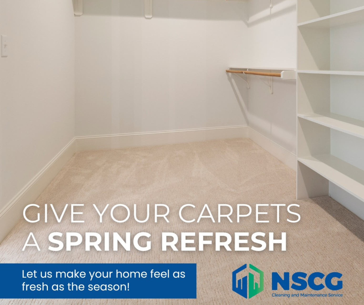 Empty white closet with beige carpet, promoting a spring carpet refresh by NSCG Empty white closet with beige carpet, promoting a spring carpet refresh by NSCG