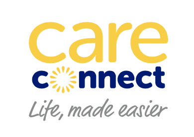 Logo for Care Connect, featuring the yellow word "care" above blue "connect" with a yellow sun icon replacing the "o".