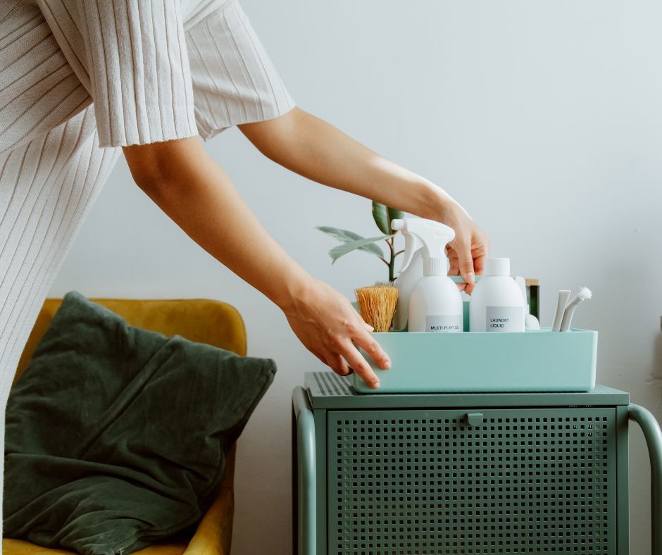 Arranging toiletry bottles for a clutter-free look.