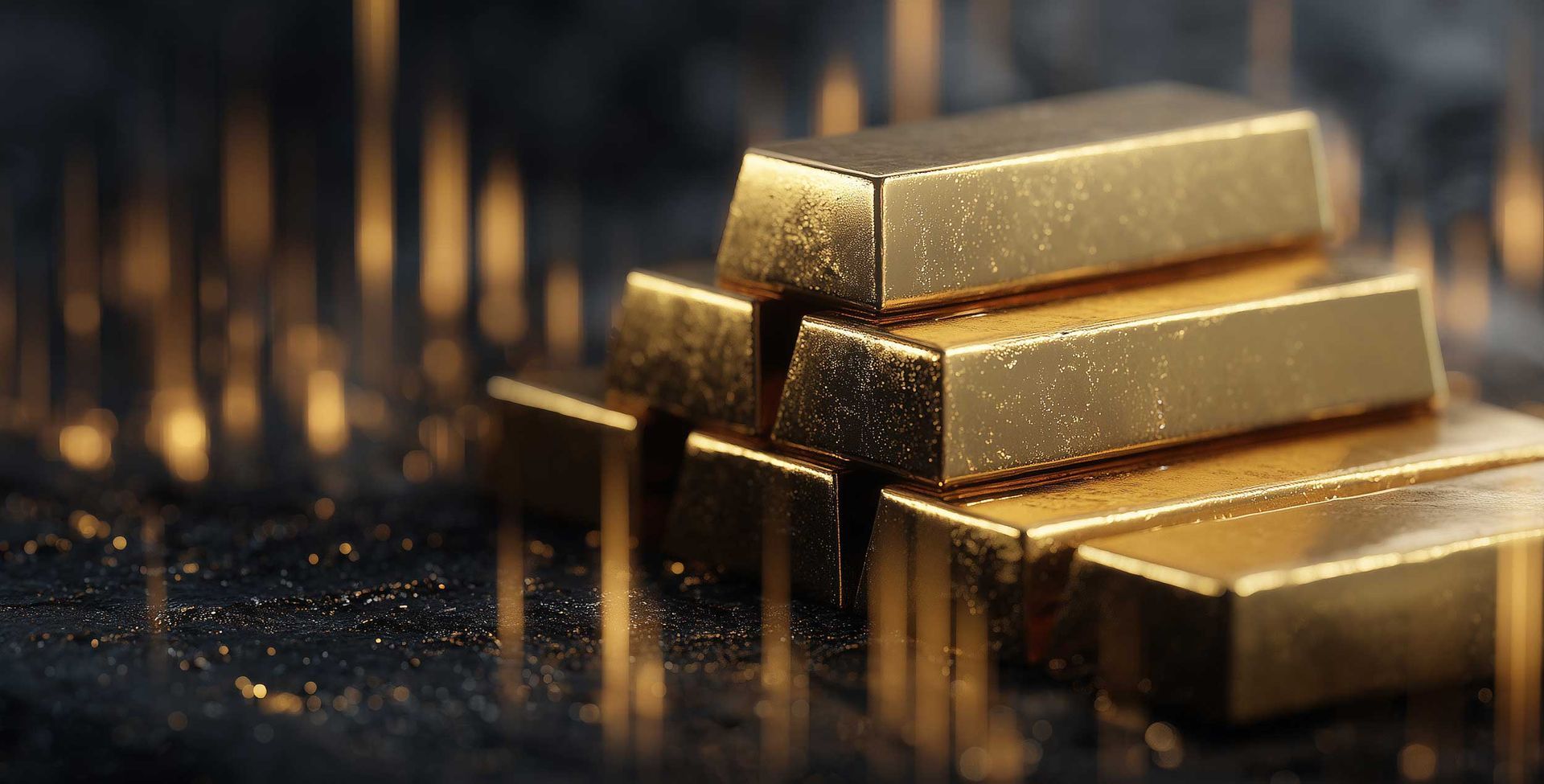 Stack of polished gold bars on a dark background with abstract financial market chart lines.