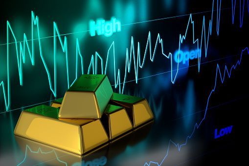 Gold bars in Portland, OR with price chart background, symbolizing gold investment with Beaverton