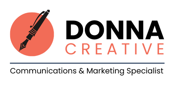 Logo for Donna Creative: Black pen illustration in a coral circle, with text