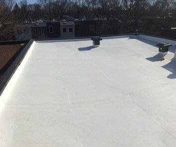 Un toit blanc avec une cheminée au-dessus.