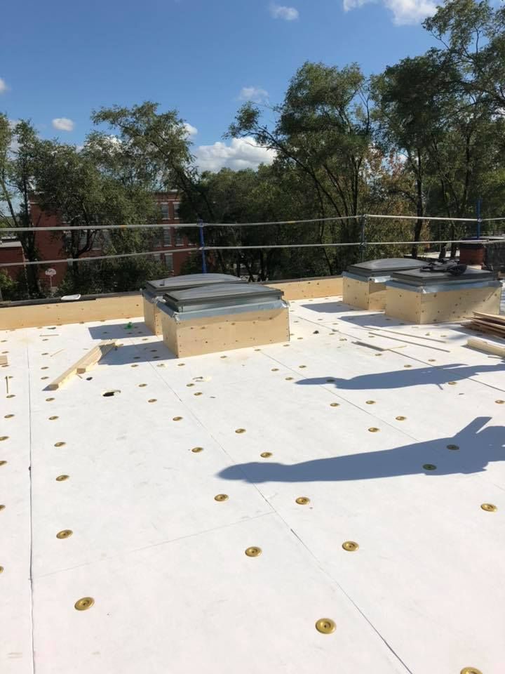 Un toit blanc avec une balustrade en métal et des arbres en arrière-plan