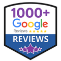 1000+ Google Reviews badge. Purple text, Google logo colors, gold stars, white text on blue.