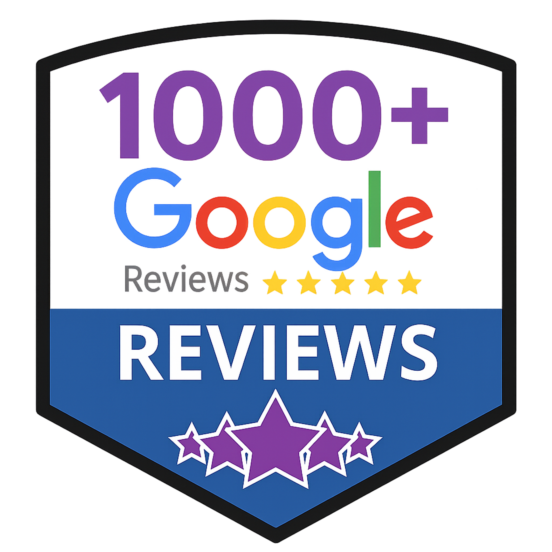 1000+ Google Reviews badge. Purple text, Google logo colors, gold stars, white text on blue.