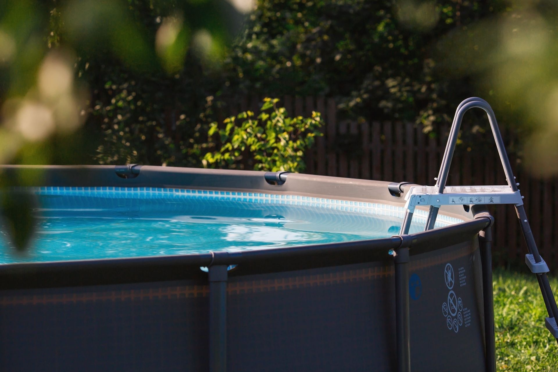 Above-ground swimming pool with blue water and ladder, in a grassy backyard.