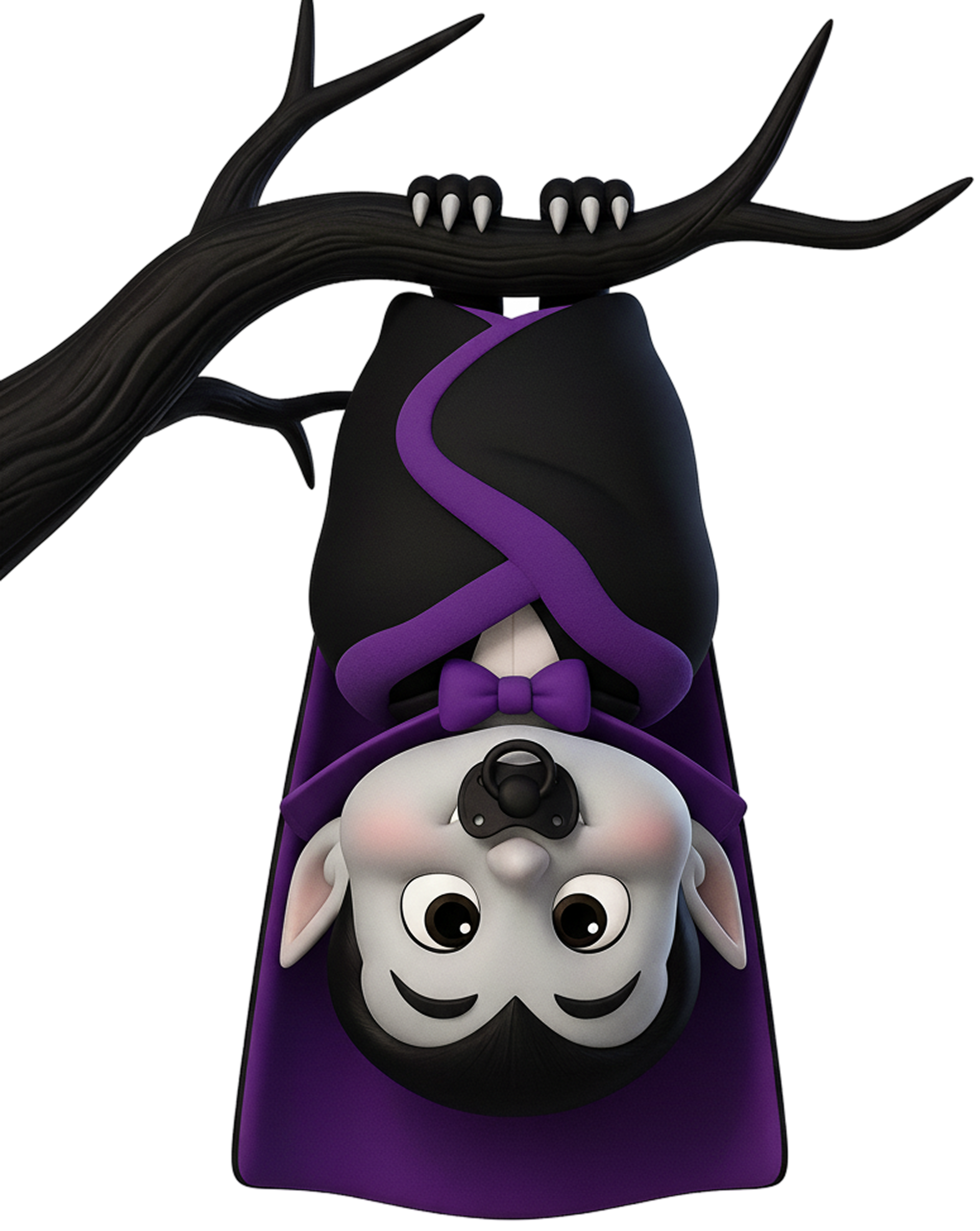 Cartoon bat in purple and black cape hanging upside down from a tree branch