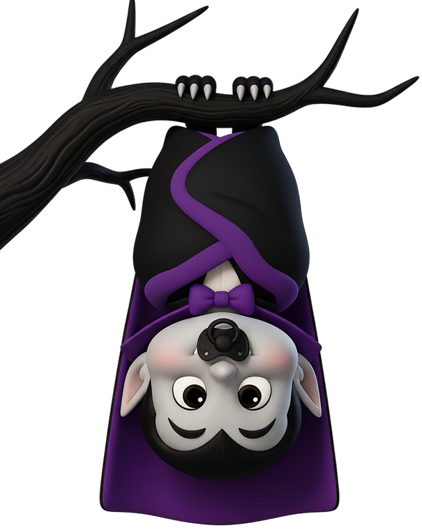 Cartoon bat in purple and black cape hanging upside down from a tree branch