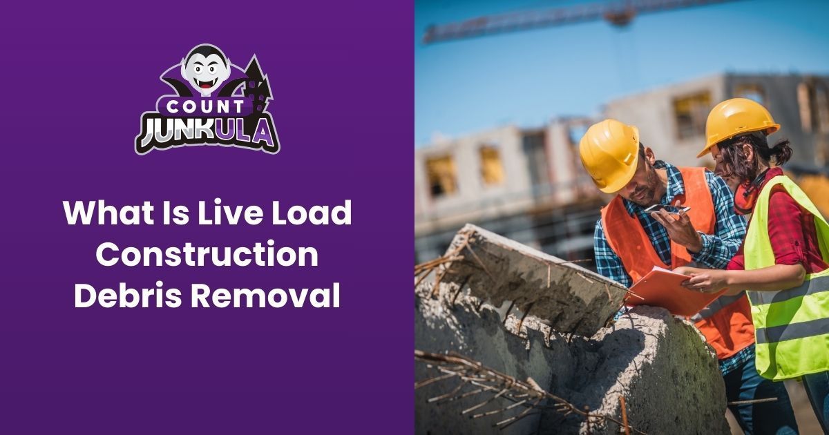 Construction workers review plans near debris, next to a purple graphic with the text 