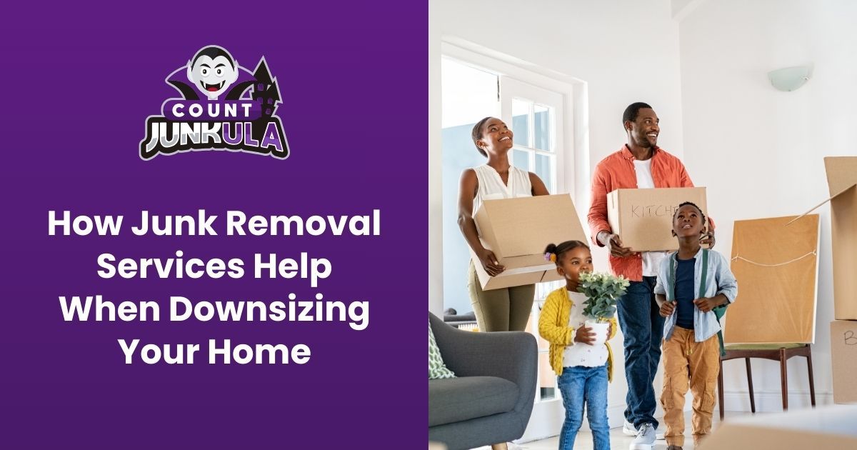 A family carries boxes in their home next to a purple graphic with the text 