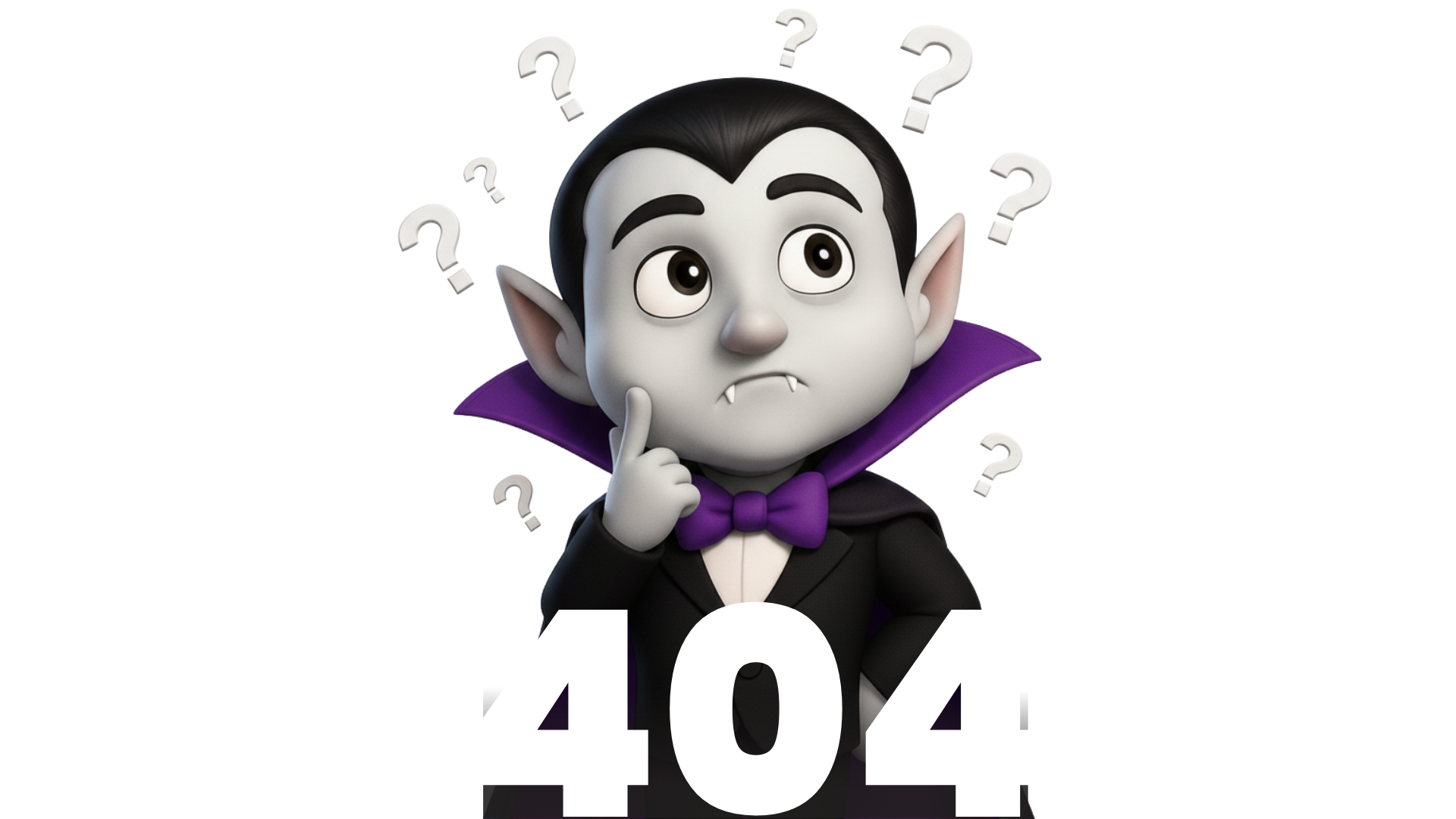 Cartoon vampire with a furrowed brow, surrounded by question marks, pondering.
