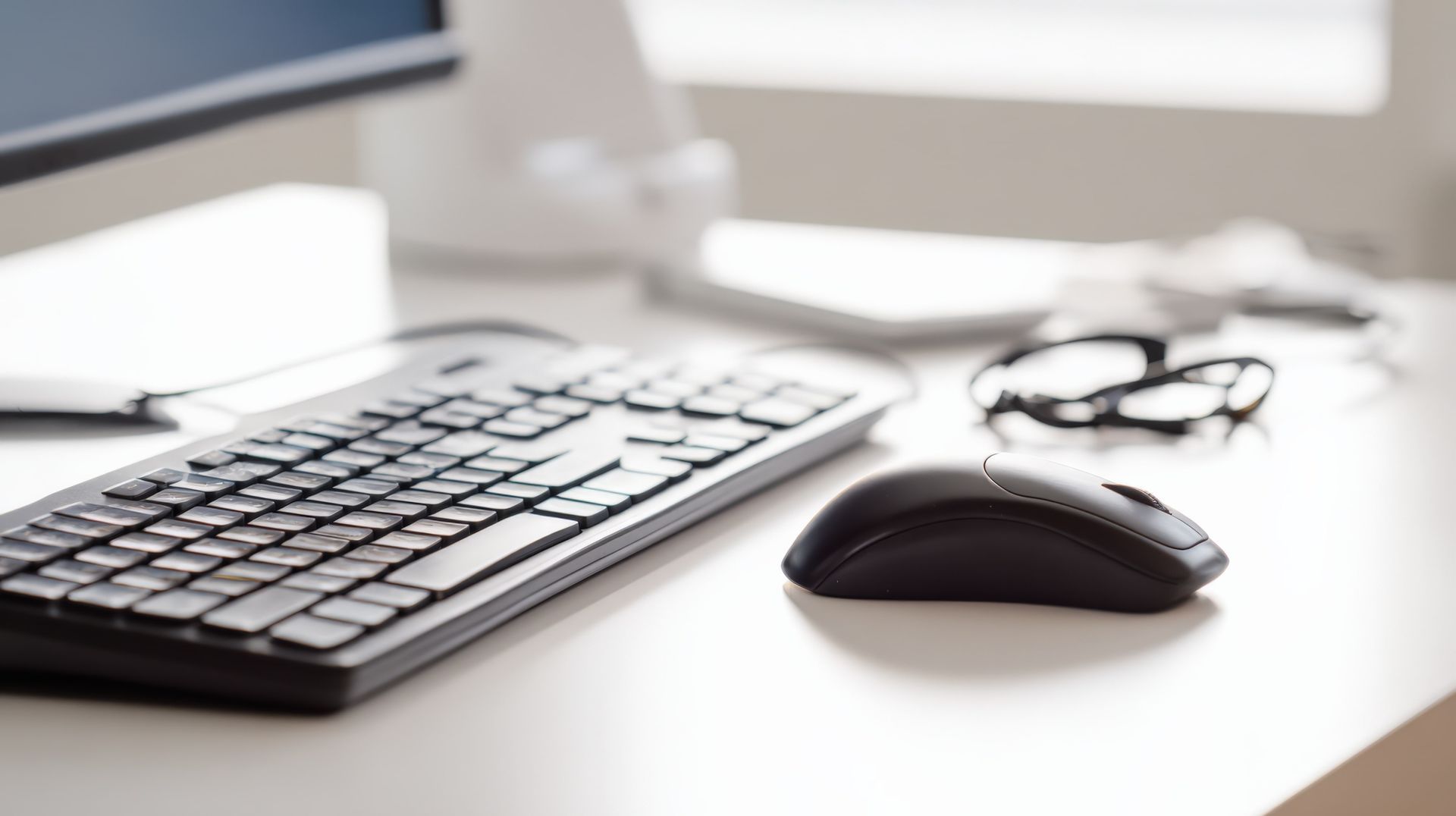 Keyboard, mouse, and glasses on a white desk in front of a computer monitor.