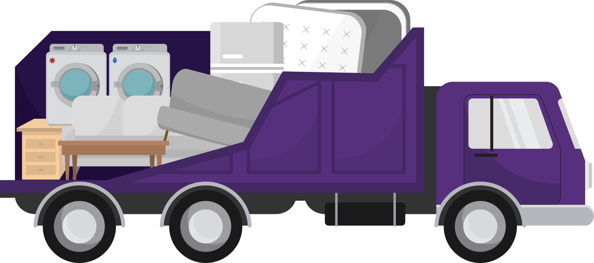 A purple dump truck filled with household items including a mattress, a sofa, a table, and two washing machines.