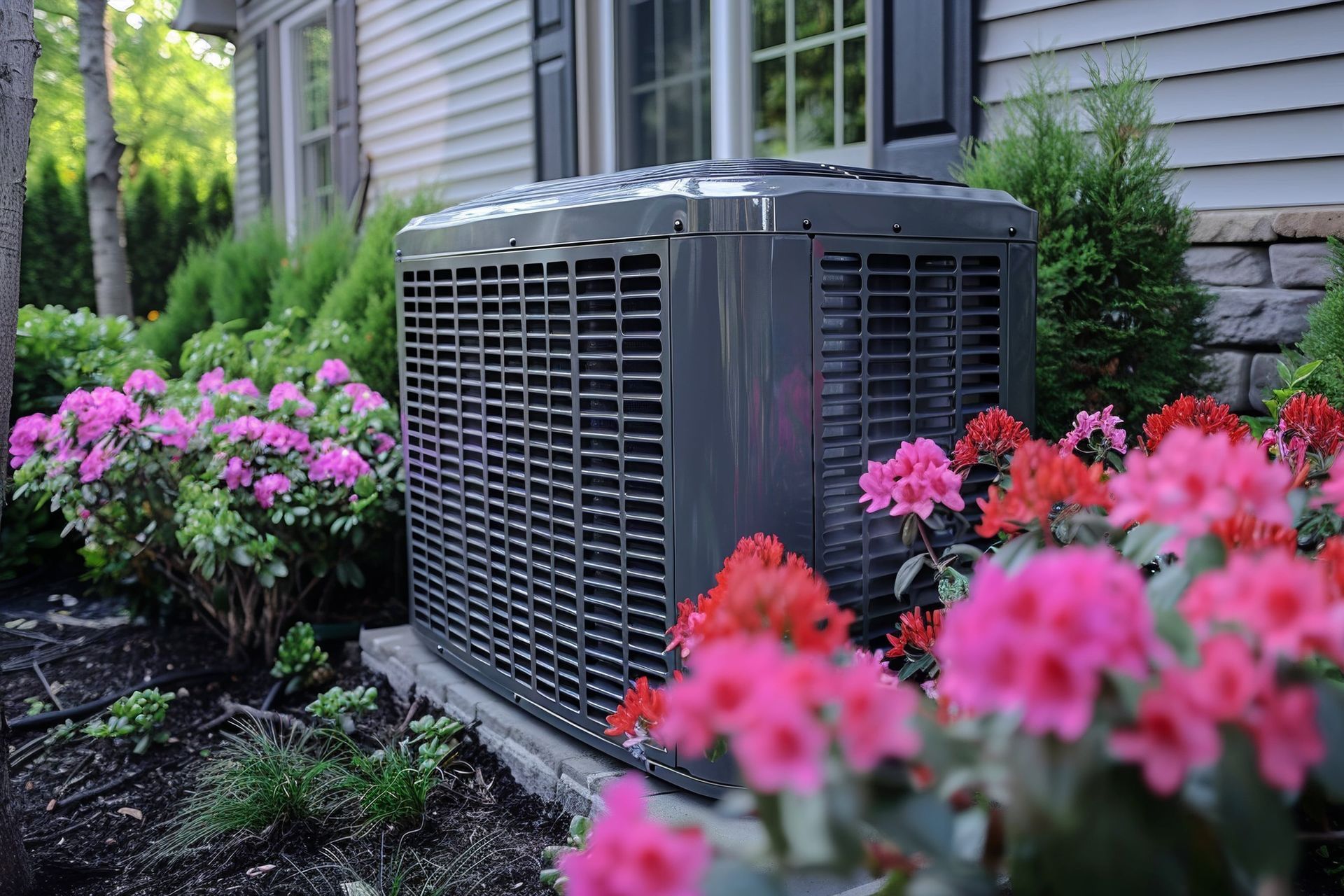 Air conditioner unit surrounded by pink and red flowers near a house.