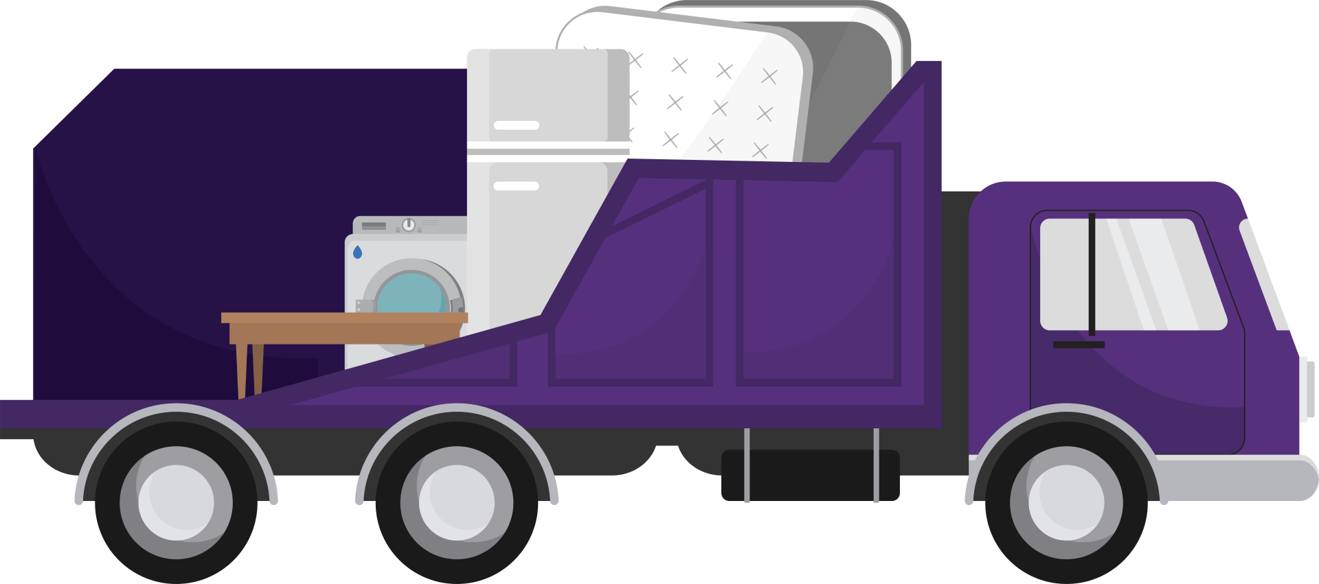 Purple dump truck loaded with furniture, including a mattress, refrigerator, washing machine, and table.