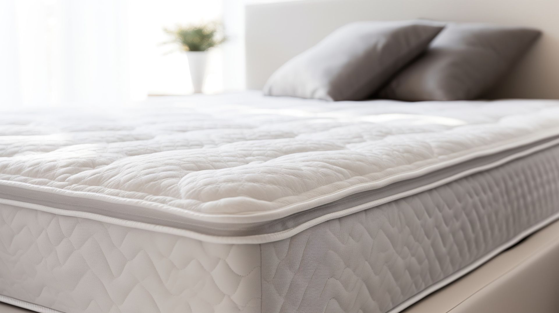 Close-up of a white mattress with gray pillows on a bed in a bright room.