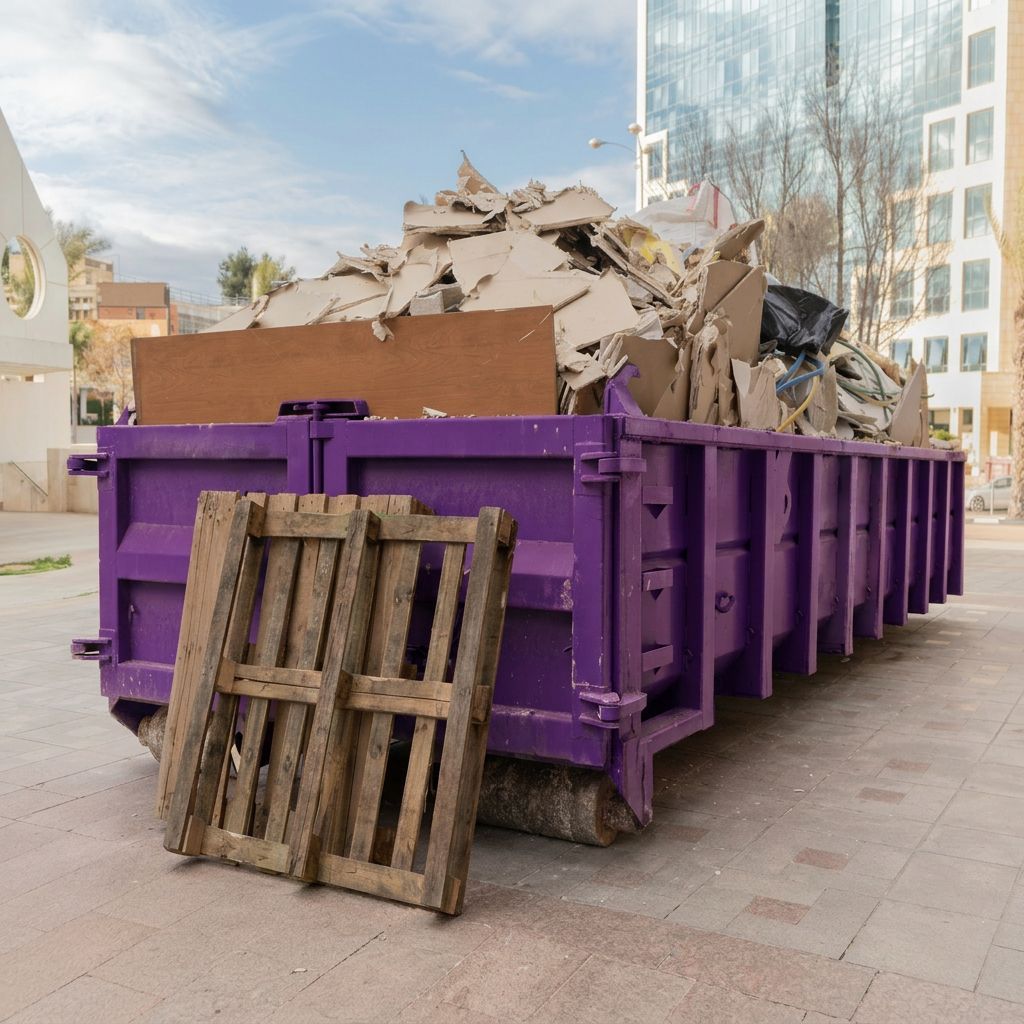 A purple dumpster filled with cardboard debris, with a wooden pallet leaning against its front, on an outdoor paved area.
