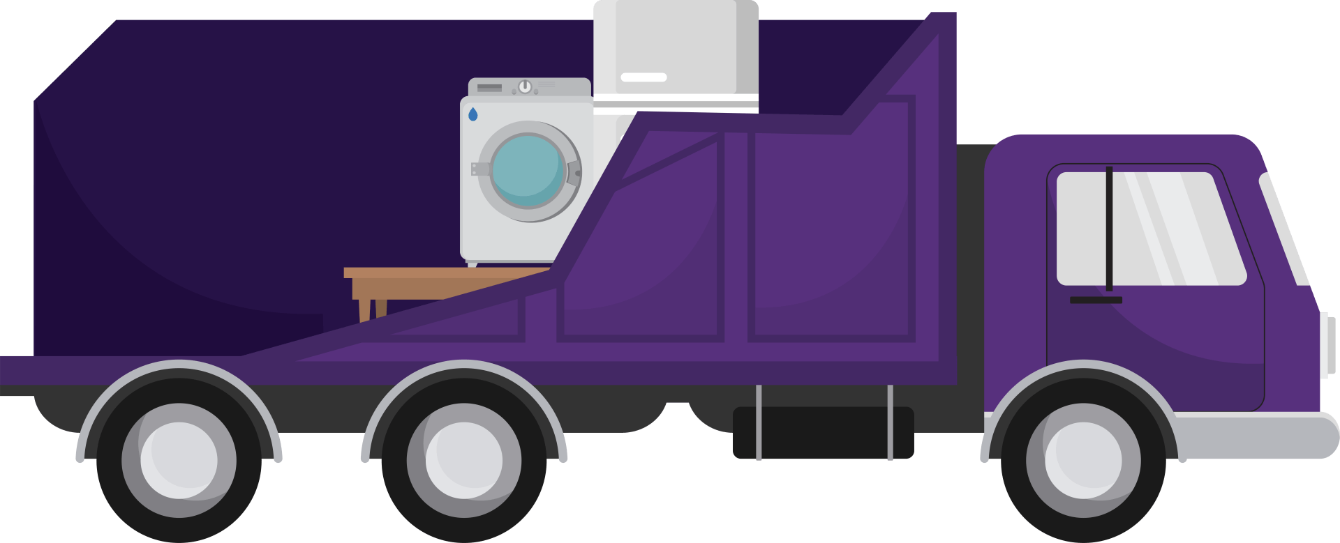Purple moving truck transporting a washing machine, an air conditioner, and a table.