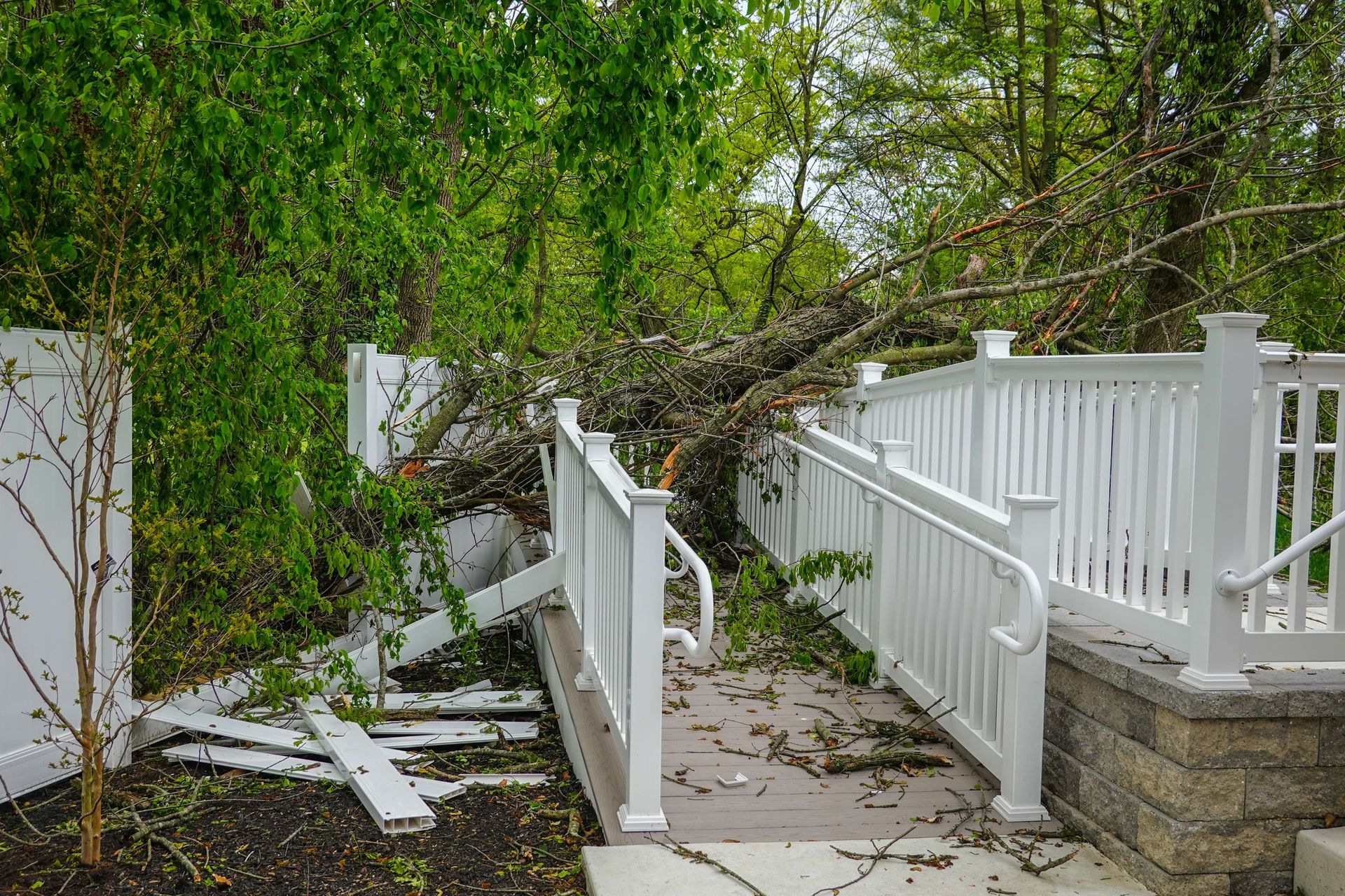Fallen tree branch breaks a white fence and blocks a ramp leading to a house. Green foliage in background.