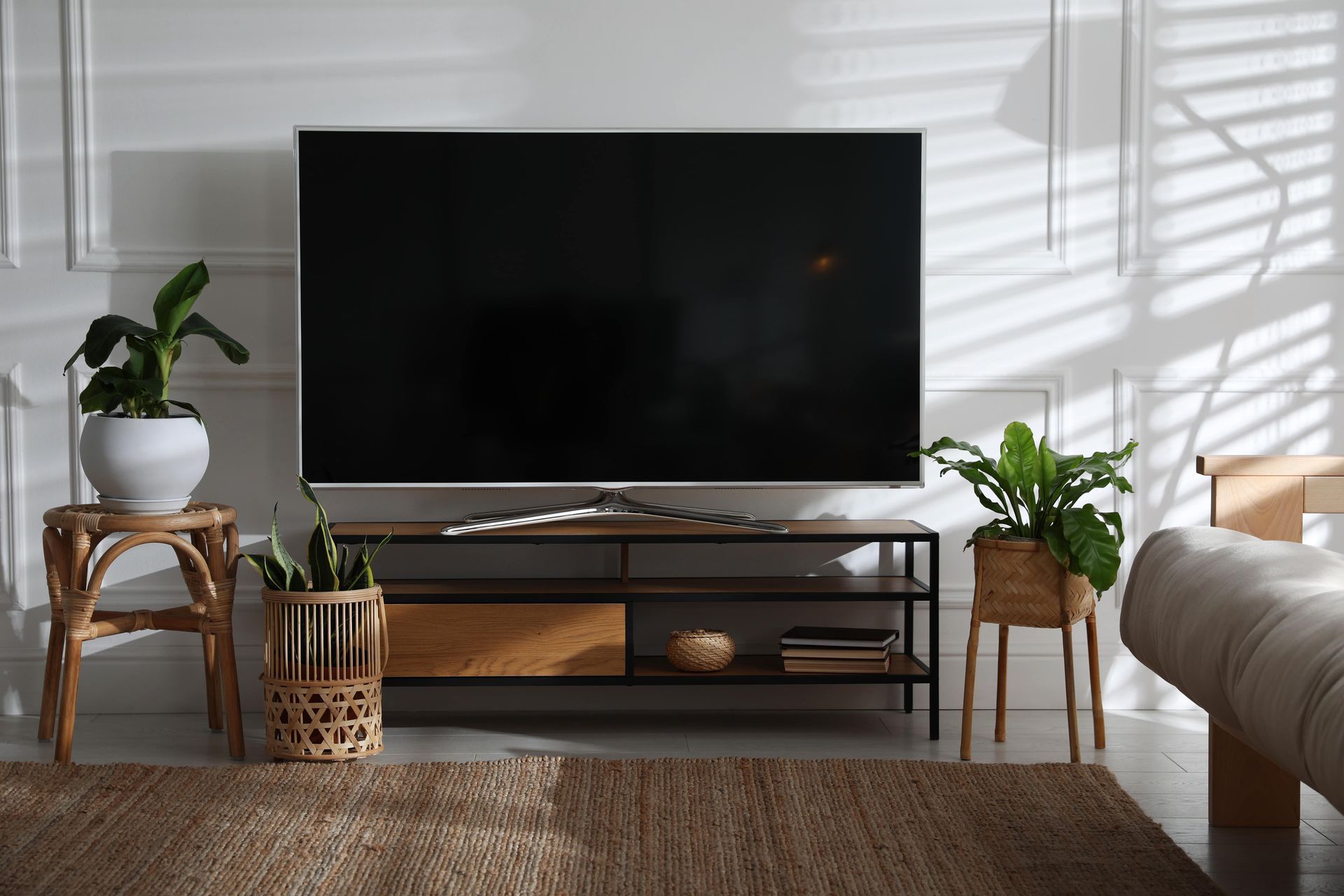 Living room with large TV, plants on stands, and a jute rug.