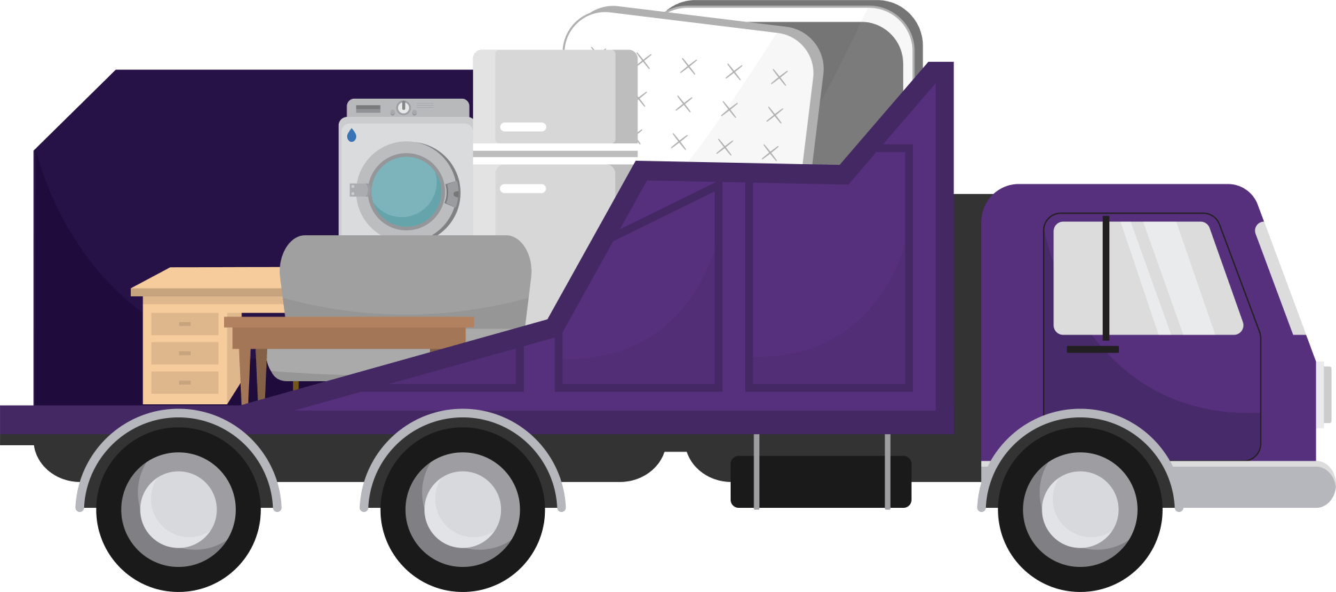 Purple moving truck loaded with furniture, including a washing machine and a mattress.
