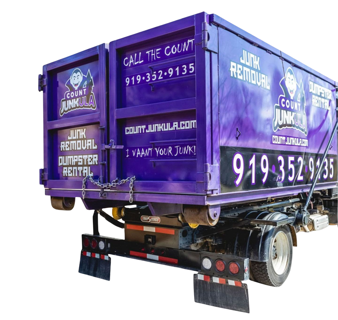 Purple Count Junkula dumpster on a truck, with phone number 919-352-9135.