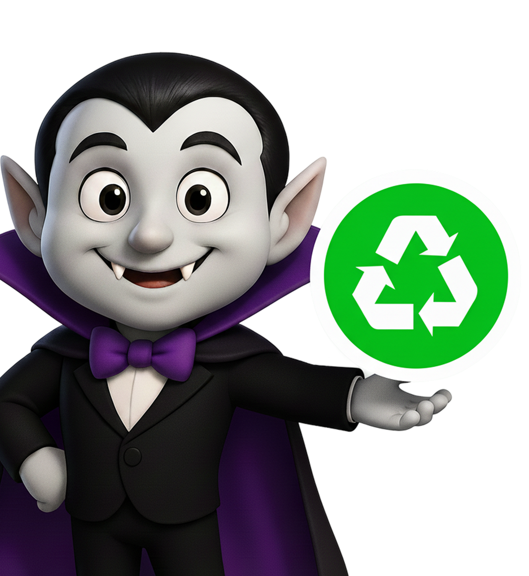 Cartoon vampire holding a recycling symbol, promoting environmental awareness.