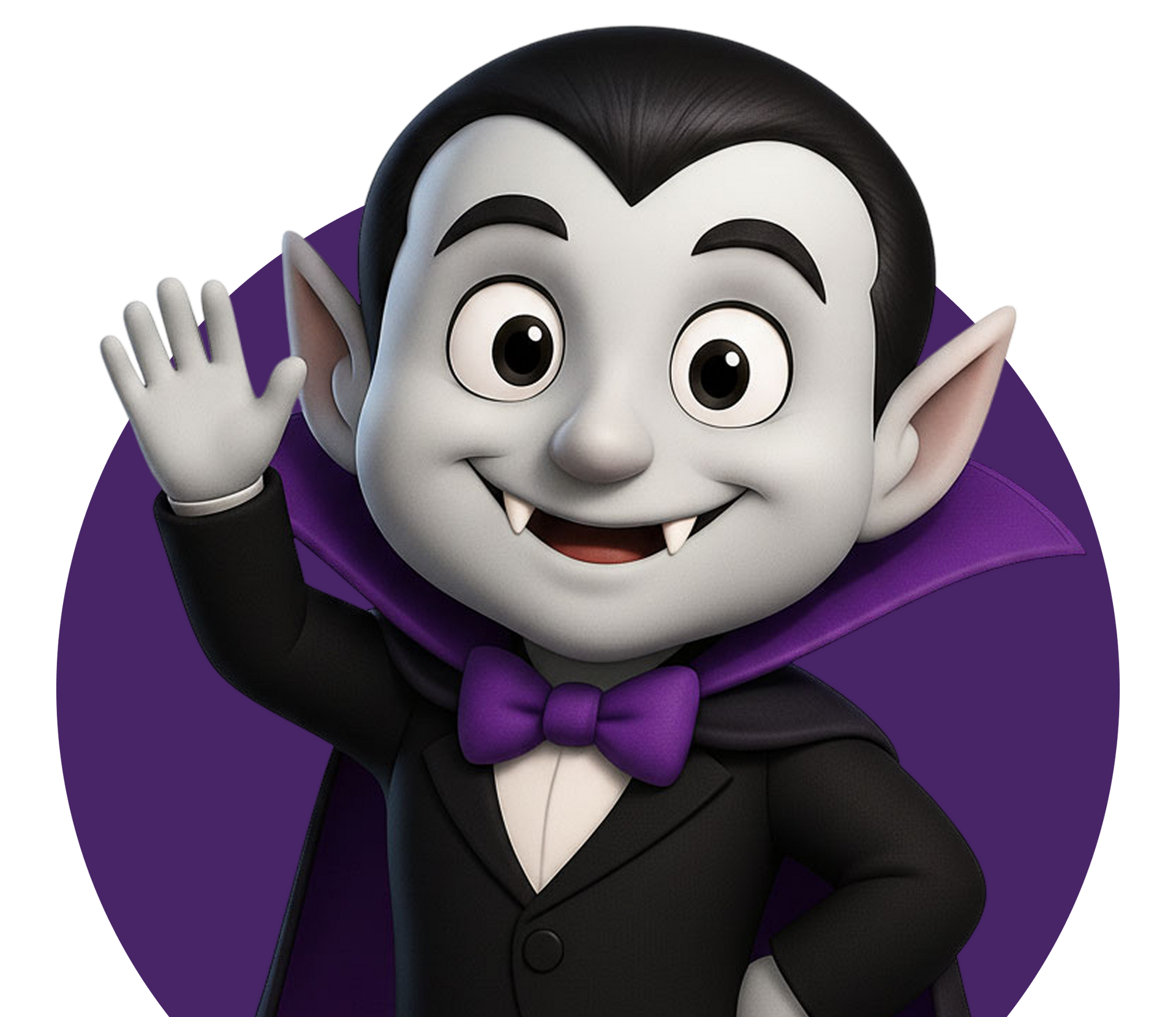 Cartoon vampire waving with a purple cape and bow tie, smiling.