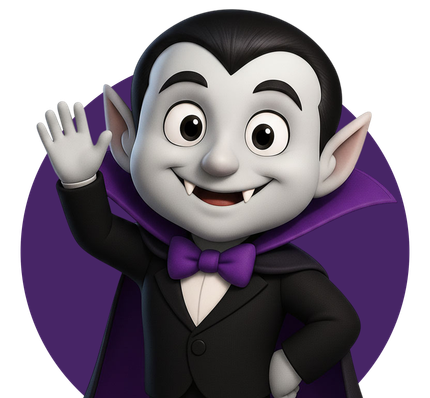 Cartoon vampire waving with purple cape and bow tie.