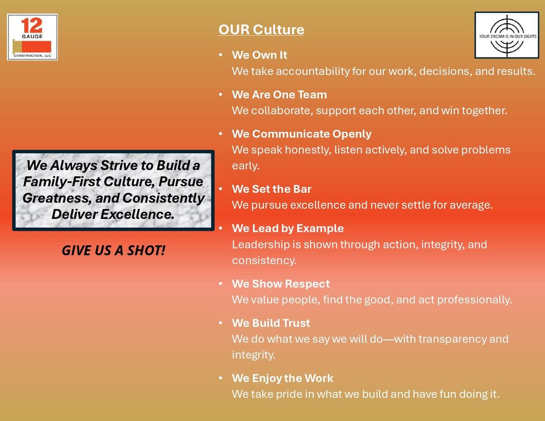 A slide with text about company culture, including values like 