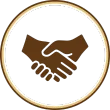 Hands clasped in handshake, brown icon in white circle with brown border.