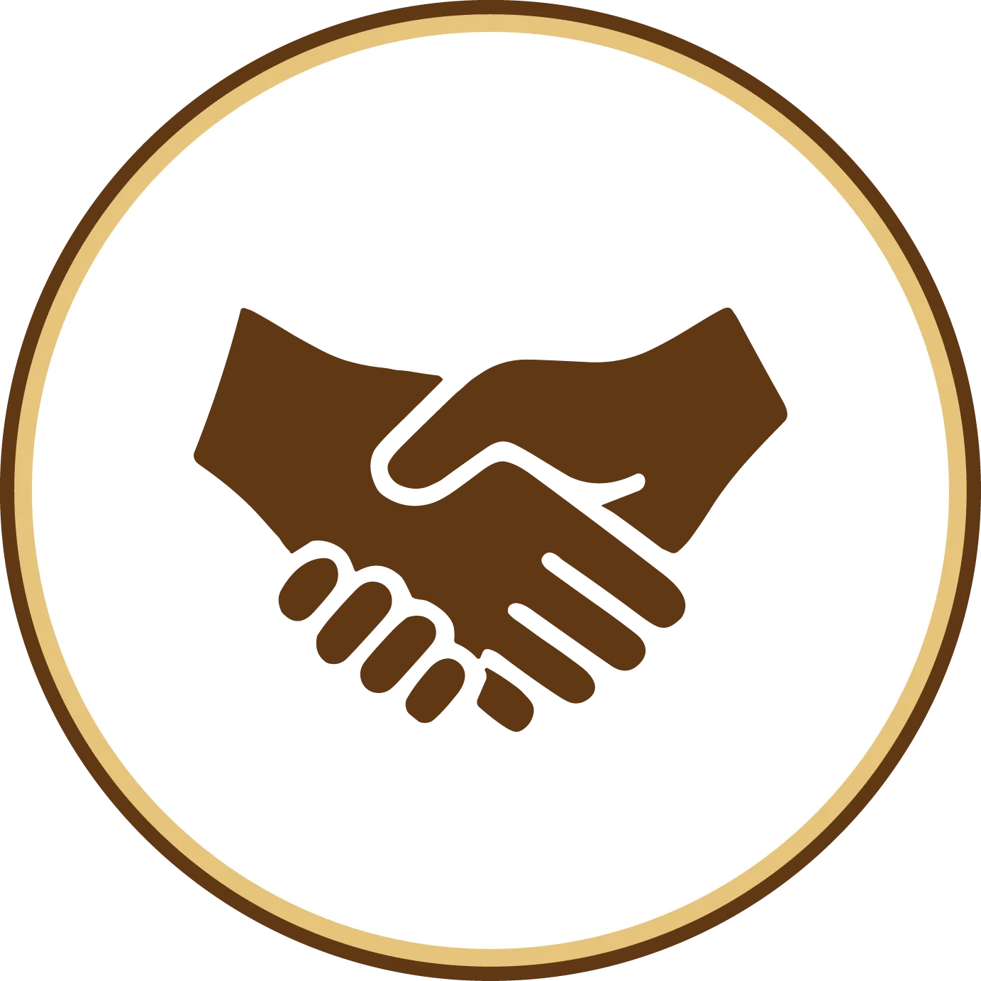 Hands clasped in handshake, brown icon in white circle with brown border.