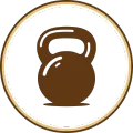 Brown kettlebell inside a white circle with a gold border.
