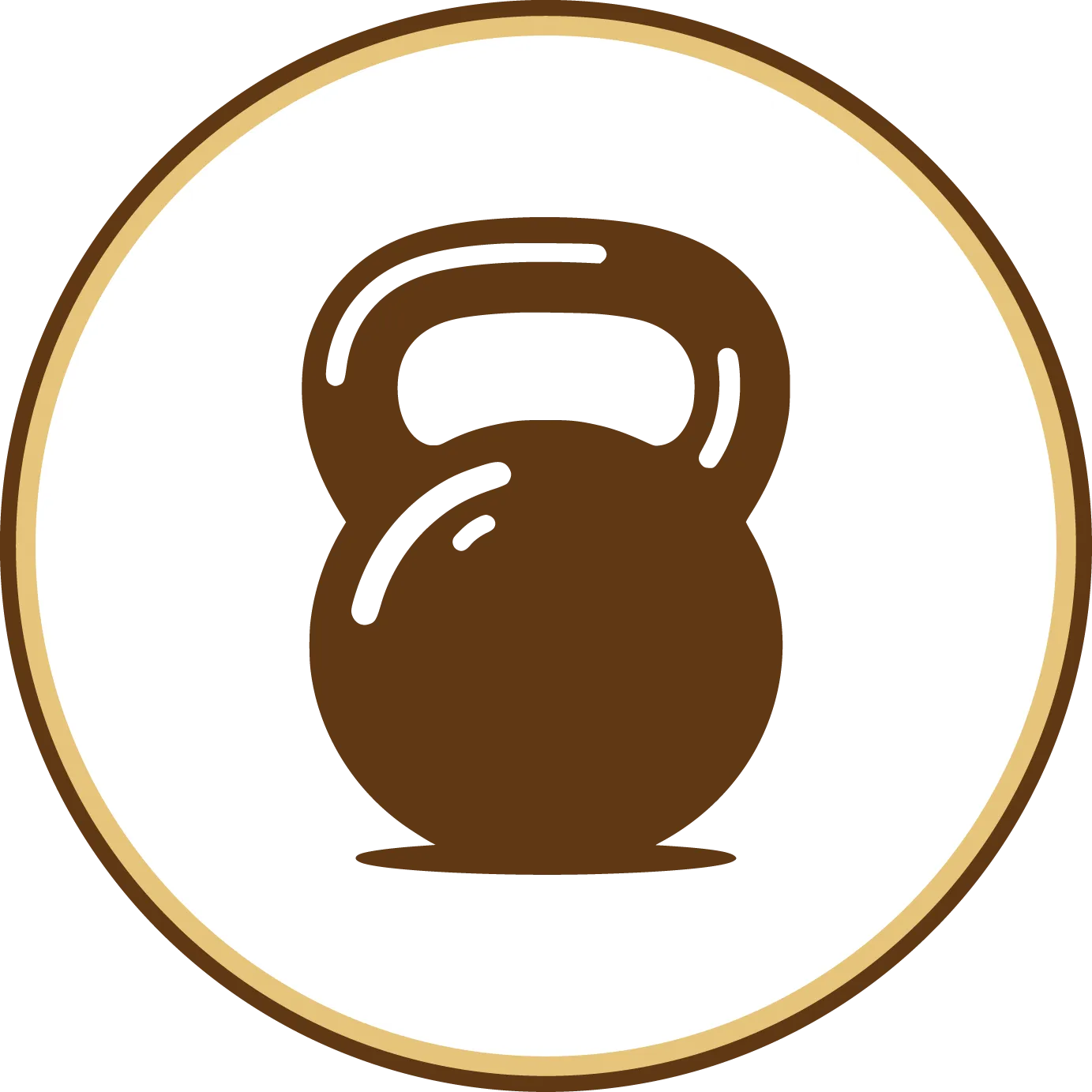Brown kettlebell inside a white circle with a gold border.