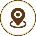 Brown location pin icon within a white and brown circle.