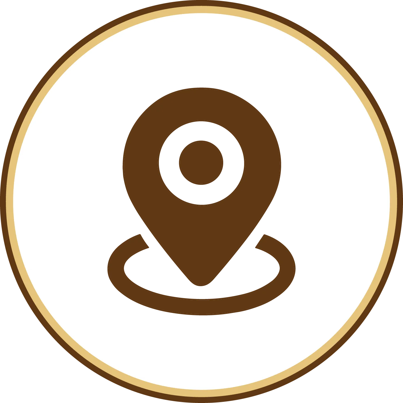 Brown location pin icon within a white and brown circle.