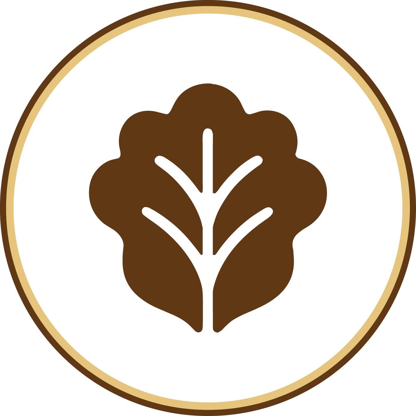 Brown leaf icon with white veins inside a white circle, framed by a brown ring.