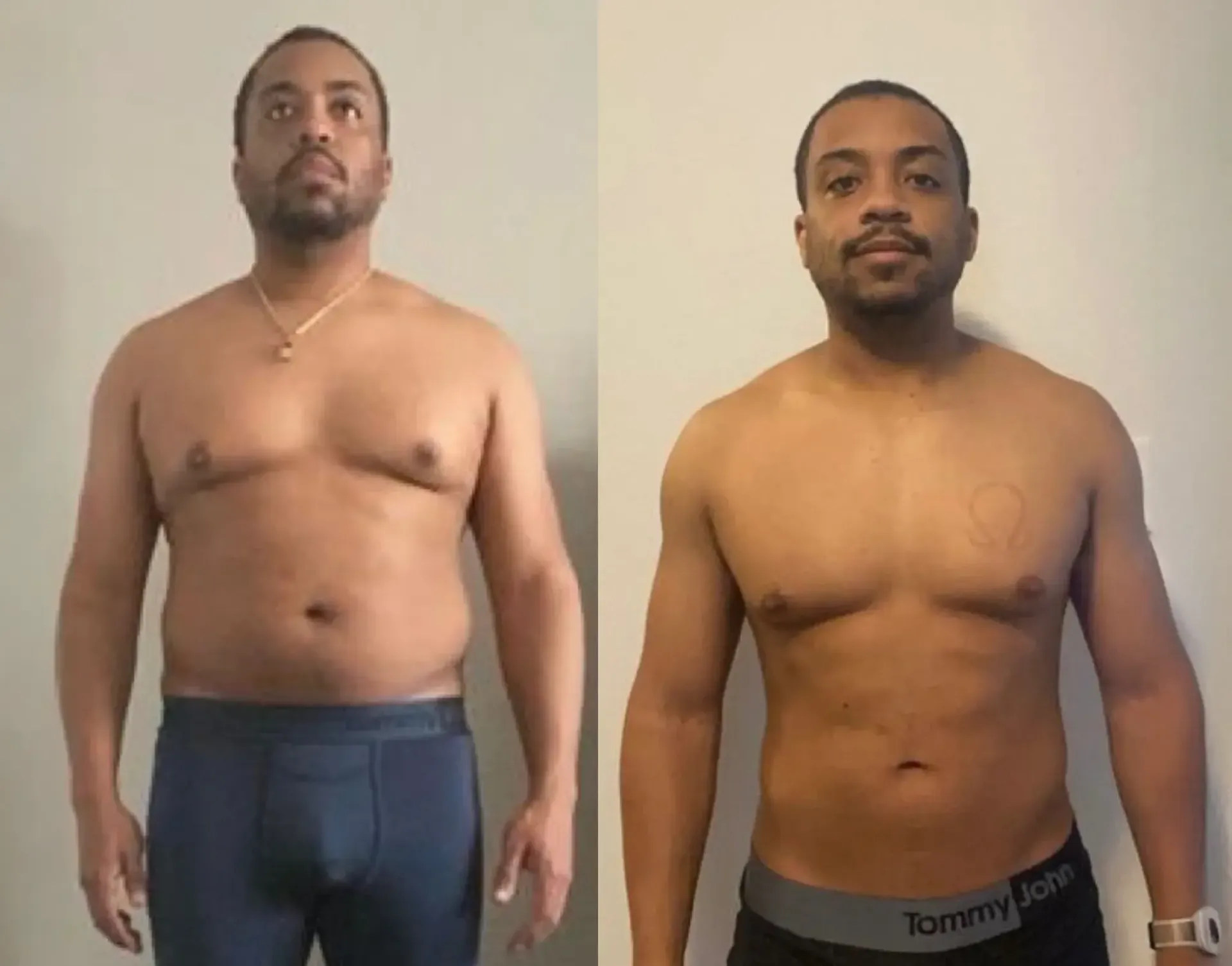 Weight loss transformation: Woman in black sports bra/underwear, hands on hips, smiling in Nov. vs. Oct.